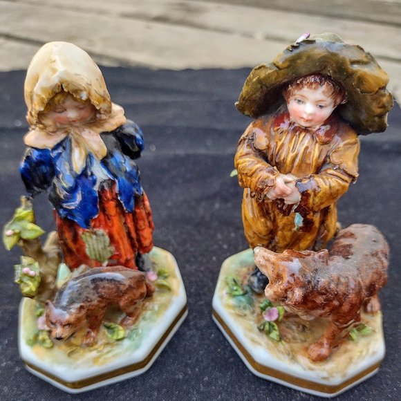 Pair of Volkstedt peasant girl/boy and their dogs figures, Germany c 1900- EUC - Picture 1 of 10